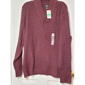 Mens Large Alfani Wool Sweater Red Cable Knit Shawl Collar Pullover Pure Wool